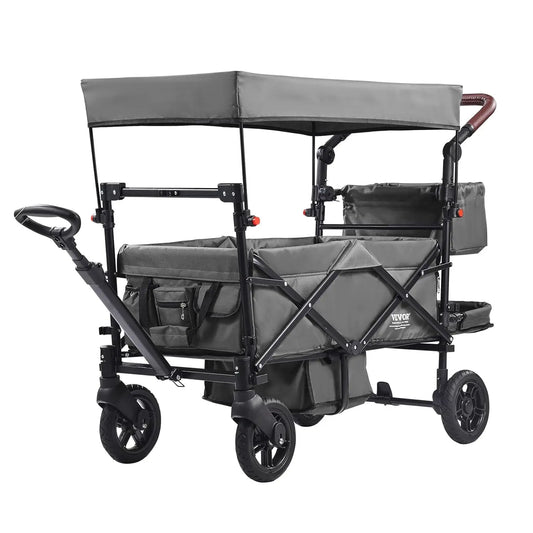 Wagon Stroller for 2 Kids, Push Pull Quad Collapsible Stroller with Adjustable Handle, Encircling Harness Removable Canopy