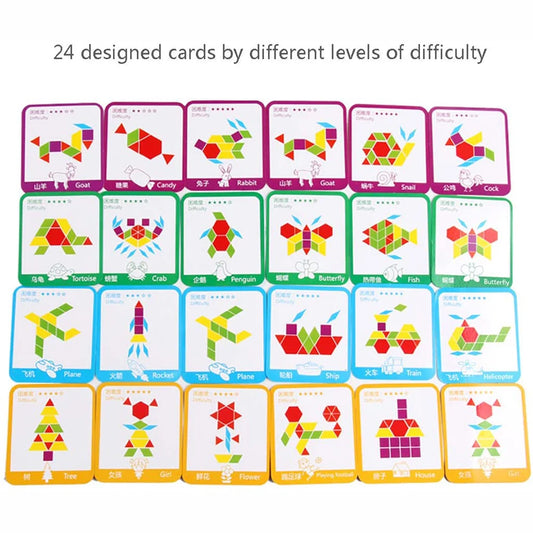 155 Pcs Wooden Pattern Blocks Set Geometric Shape Puzzle Kindergarten Classic Educational Montessori Tangram Toys for Kids