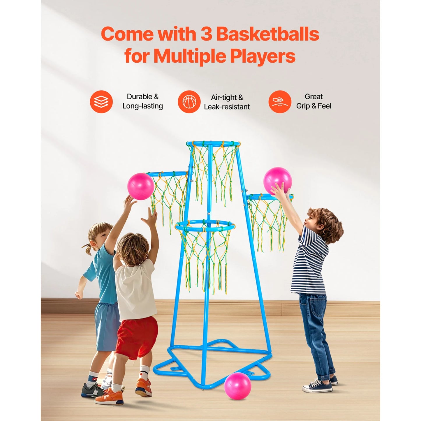 VEVOR 4-Hoop Kids Basketball Hoop Stand with Adjustable Heights & 3 Balls for Boys & Girls Indoor Outdoor Basketball Sport Toys