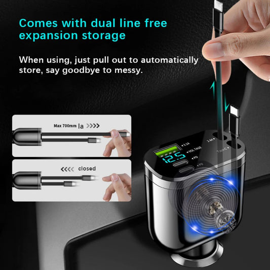 Retractable Car Charger 5 in 1 Fast Car Mobile Phone Charger, Type C/Ios Car Charger Adapter, with 2 Retractable Mobile Phone Charger Cable and 2 USB Ports