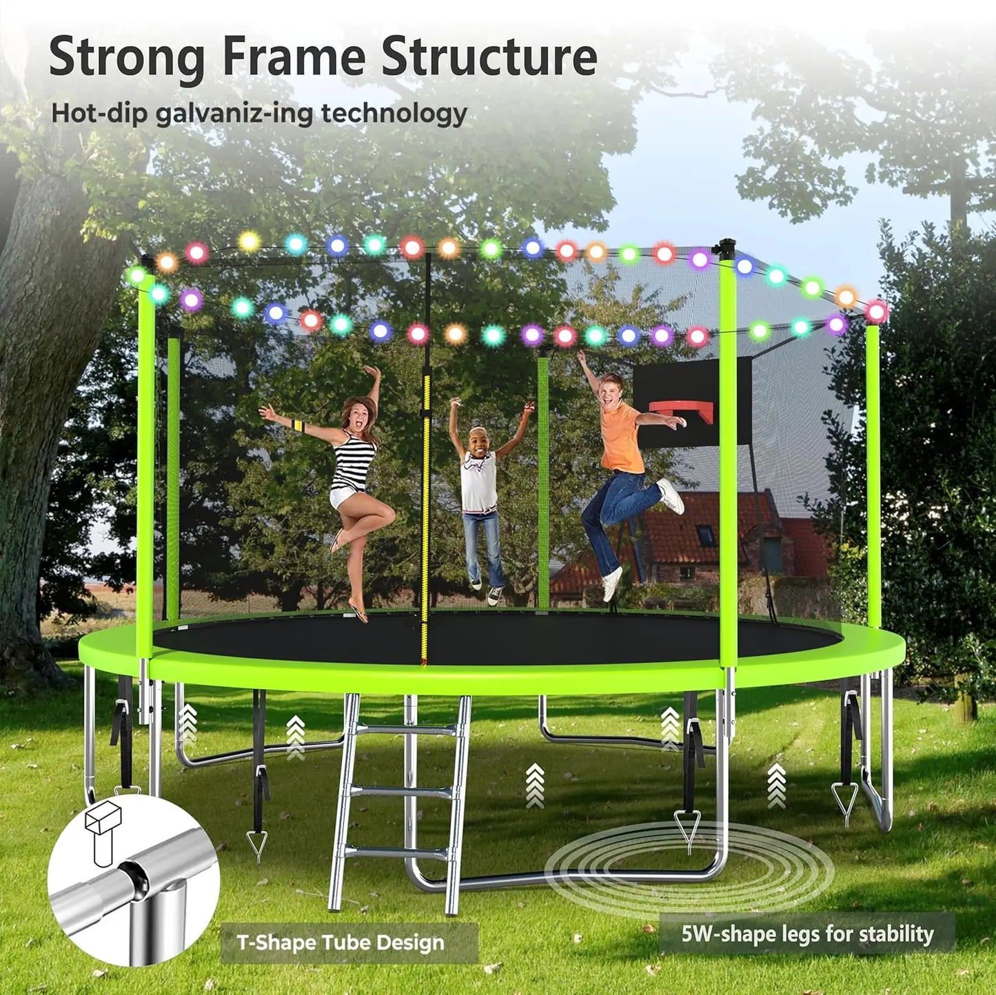 Upgraded 14FT 15FT Trampoline for Kids and Adults, Large Outdoor Trampoline with Stakes, Light, Sprinkler, Backyard Trampoline w