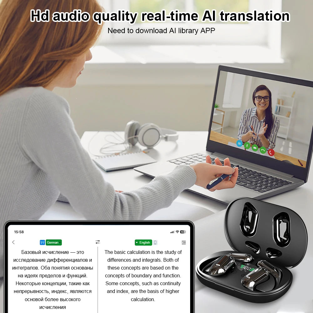 3-in-1 AI Real Time Translator Earbuds 140 Languages Wireless BT Translation Earphone Smart Voice Translator Headset for Travel