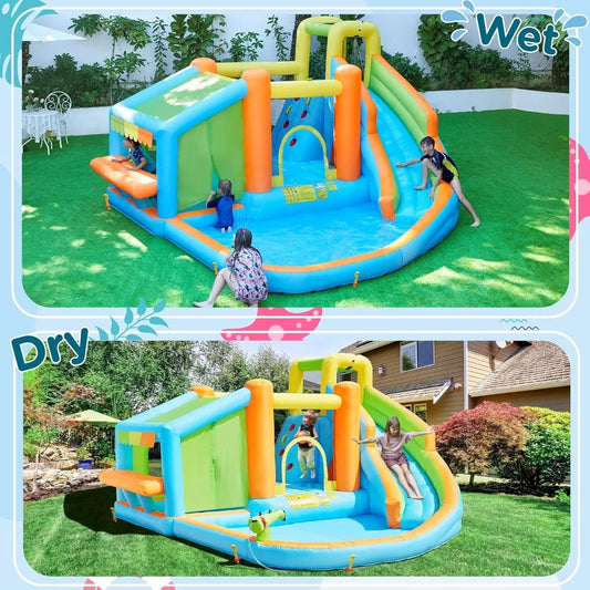 Inflatable Bounce House, Water Bouncer Castle for Kids Aged 3-10 W/Splash Pool, Toy Market Stand, Bouncer Area, Slide