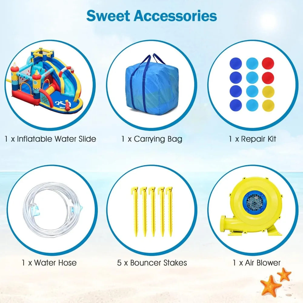 Inflatable Water Slides, Nautical Themed Bouncy House with Slide, Splash Pool, Water Gun, Outdoor Jumping Castle with Hose