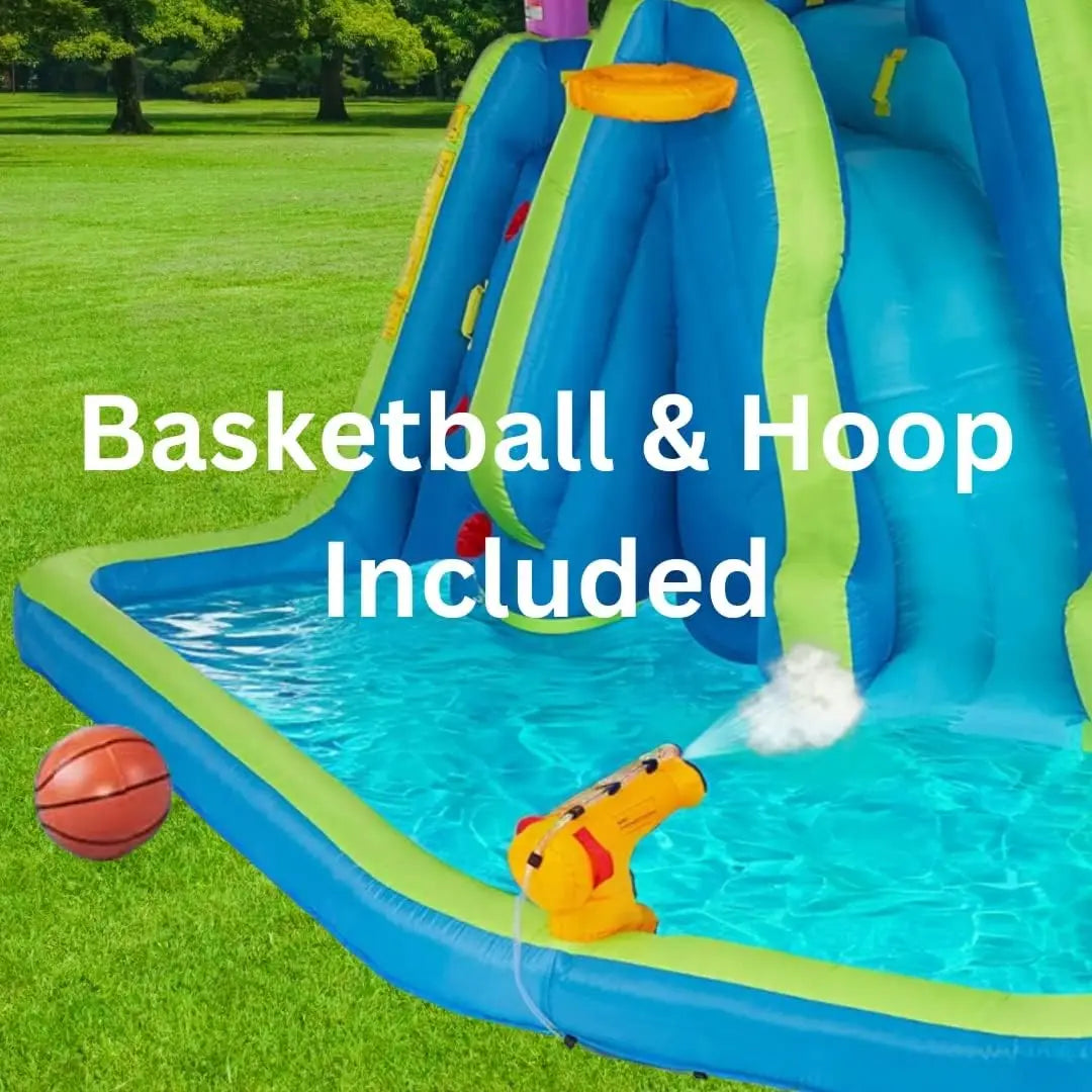 Twin Falls 7-in-1 Inflatable Water Park for Kids with Blower, Includes Two Blow Up Water Slides, Climbing Wall, Splash Pool, Wat