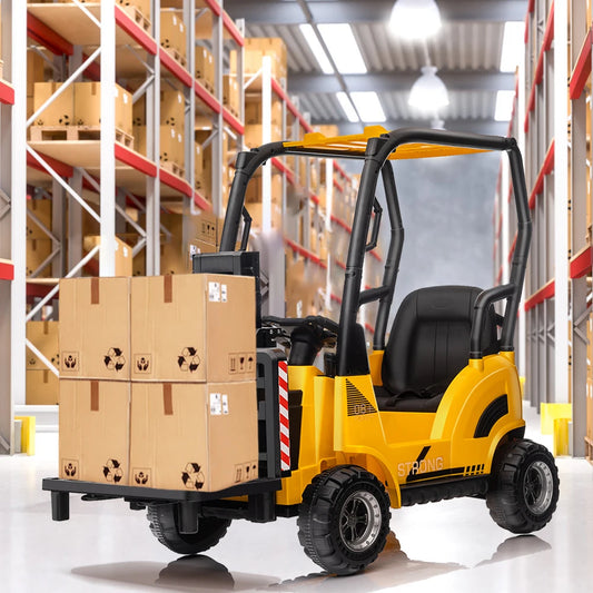12V Kids Ride on Forklift Car with Tent, Electric Ride On Construction Car with RC, Liftable Fork and Pallet, 2 Speeds, Music, U
