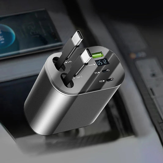Retractable Car Charger 5 in 1 Fast Car Mobile Phone Charger, Type C/Ios Car Charger Adapter, with 2 Retractable Mobile Phone Charger Cable and 2 USB Ports
