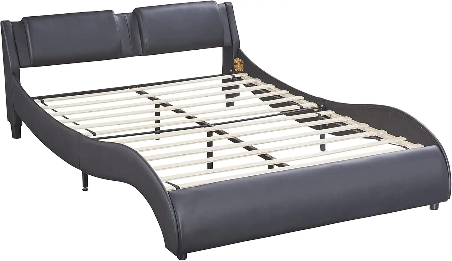 Queen Bed With Led Lights Upholstered Faux Leather Platform Beds With Headboard Modern Wave-Like Bed Frame With Slatted, No Box
